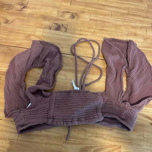 Anthropologie Daily Practice The Jerry Cinched Halter Ruffe Crop Top Brown Small - Picture 5 of 5